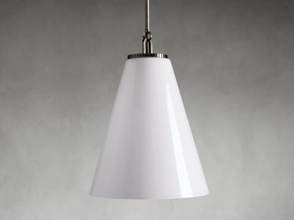 Cone-shaped pendant light with a smooth white glass shade, metallic holder, and rod against a gray background.