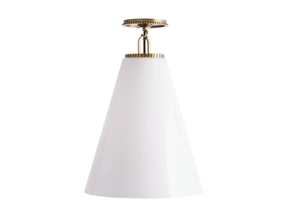 Wescott Cone Flush Mount in brass finish with clear glass cone, featuring detailed metalwork and black fabric-wrapped cord.