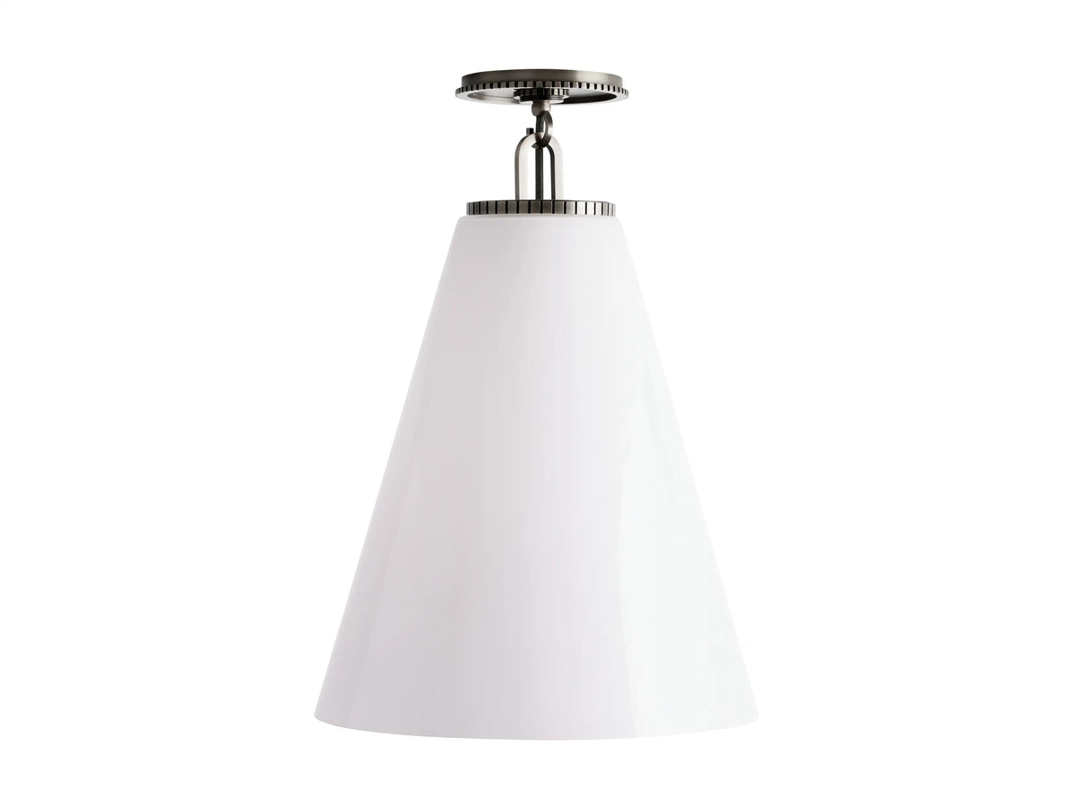 Wescott Cone Flush Mount with a white milk glass shade, steel fixture in brass or bronze finish, and a circular canopy on top.