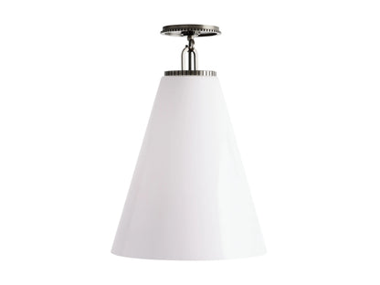 Wescott Cone Flush Mount with a white milk glass shade, steel fixture in brass or bronze finish, and a circular canopy on top.