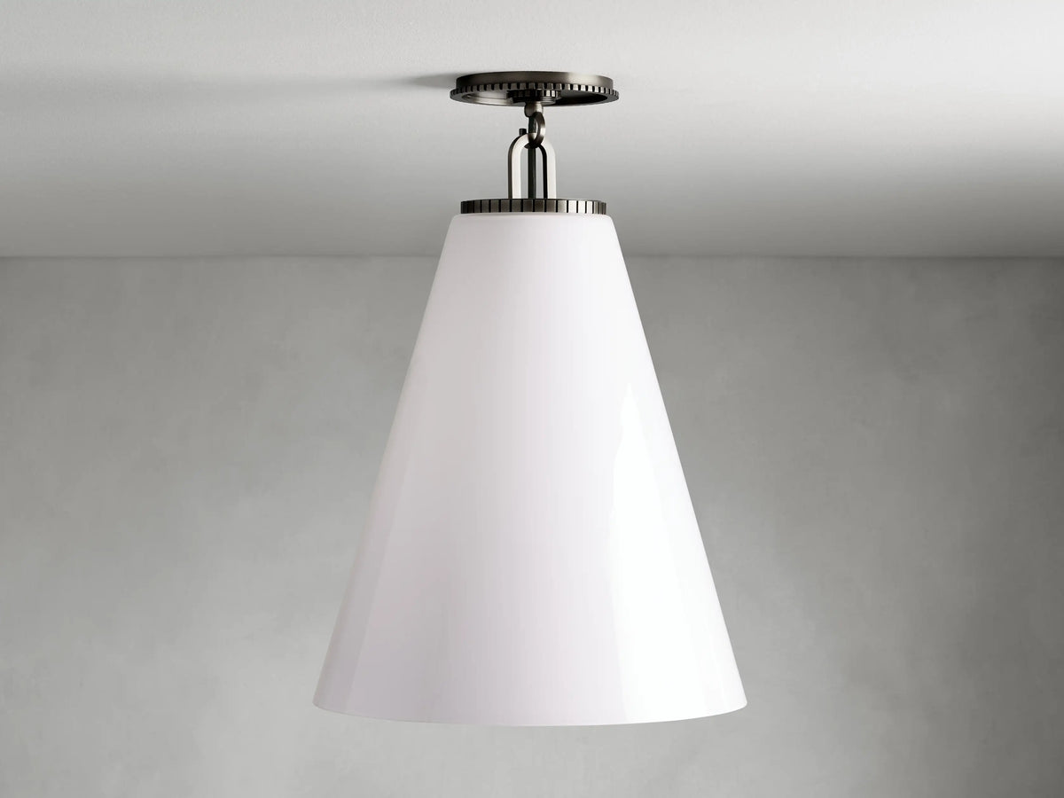 Wescott Cone Flush Mount with a white conical glass shade, mounted on a ceiling with a bronze finish fixture.