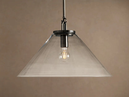 Wescott Cone Pendant light with a clear glass cone shade, dark metal rod, and visible illuminated Edison bulb.