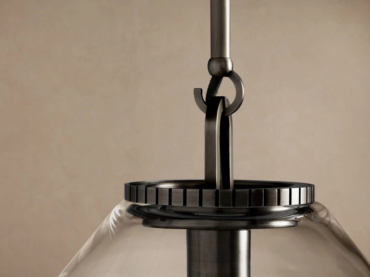 Wescott Cone Pendant with Rod: Clear glass cone shade, dark bronze metal fixture & visible bulb, hanging.