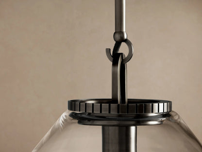 Wescott Cone Pendant with Rod: Clear glass cone shade, dark bronze metal fixture & visible bulb, hanging.