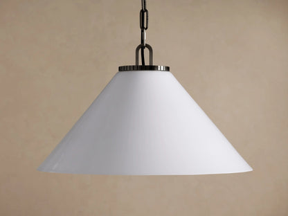 Wescott Cone Pendant: White milk glass cone shade suspended by a dark metal chain on a neutral brown background.