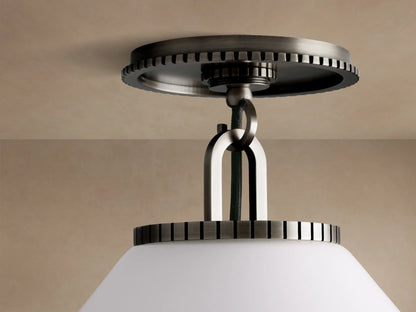Wescott Cone Flush Mount with large white milk glass cone shade and dark bronze metal, mounted on a light ceiling.