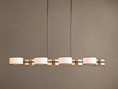 Daphne Fabric Linear Chandelier with 6 white fabric shades, black trim, and gold accents, hanging from two dark rods.