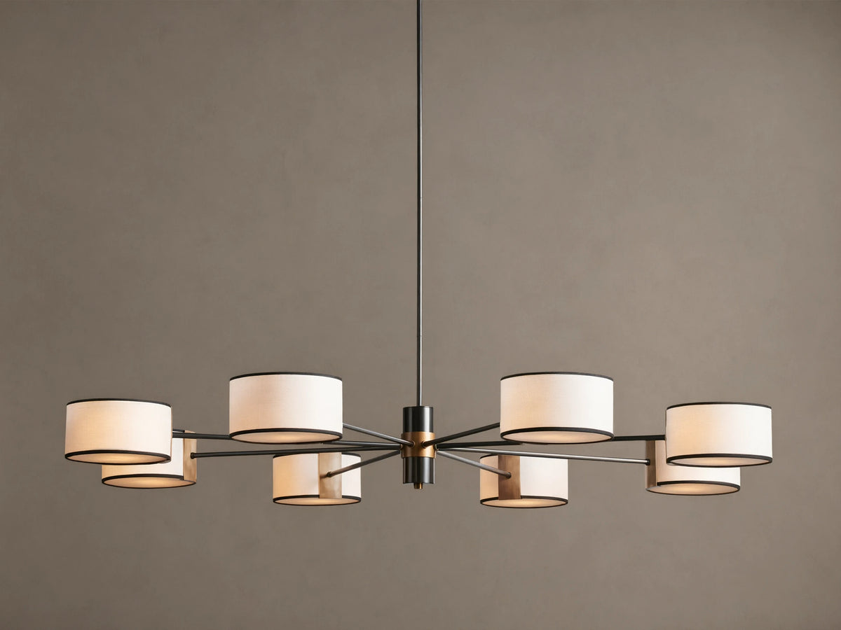 Daphne Fabric Round Chandelier: A dark bronze fixture with 8 white linen shades, black trim, radiating in a circle.