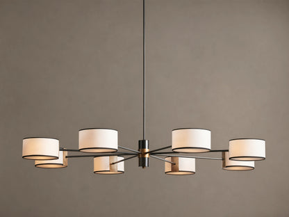 Daphne Fabric Round Chandelier: A dark bronze fixture with 8 white linen shades, black trim, radiating in a circle.