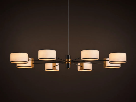 Daphne Fabric Round Chandelier: A dark bronze fixture with 8 white linen shades, black trim, radiating in a circle.