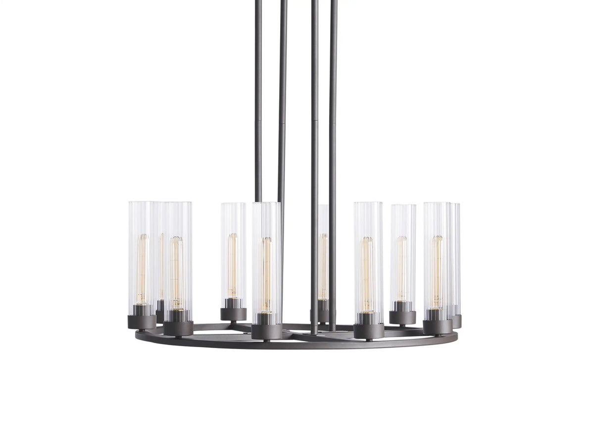 Chandelier canopy in bronze finish with four metal rods and chains hanging from ceiling mount, black cord visible.