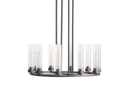 Chandelier canopy in bronze finish with four metal rods and chains hanging from ceiling mount, black cord visible.