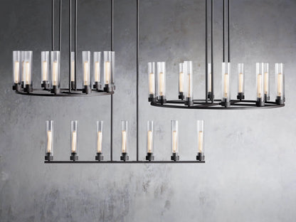 Andreas 10-Light Round Chandelier with a bronze finish, featuring ten cylindrical glass shades in a circular arrangement.
