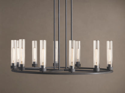 Andreas Round Chandelier, dark bronze, with a circular frame holding 10 clear ribbed glass shades, suspended by rods.