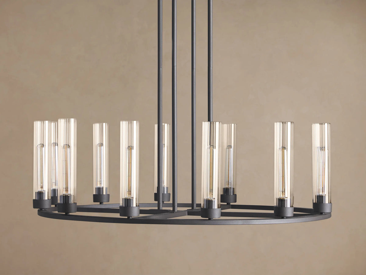 Andreas Round Chandelier, dark bronze, with a circular frame holding 10 clear ribbed glass shades, suspended by rods.