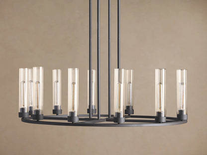 Andreas Round Chandelier, dark bronze, with a circular frame holding 10 clear ribbed glass shades, suspended by rods.