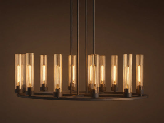 Andreas Round Chandelier, dark bronze, with a circular frame holding 10 clear ribbed glass shades, suspended by rods.