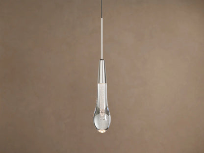 Soltaire Pendant, a nickel-finished cylinder above a clear glass teardrop with sparkling bubbles and a warm LED glow.