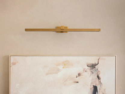 Corinth Picture Light Sconce in brass finish, mounted horizontally on a beige wall, illuminating an abstract painting below.