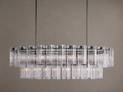 Illuminated Delsie Oval Tiered Chandelier with a dark bronze frame and multiple tiers of clear fluted glass rods.