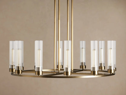 Andreas Round Chandelier, 10-light, in a plated-brass finish, with clear fluted glass cylinders & exposed filament bulbs.