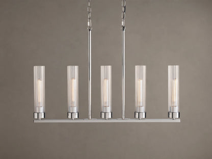Andreas Linear Chandelier, 5-light, with ribbed clear glass shades, filament bulbs, & polished chrome finish, hanging straight-on.