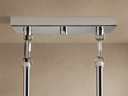 Close-up of Andreas Linear Chandelier: polished chrome linear frame supporting multiple clear ribbed glass cylindrical shades with bulbs.