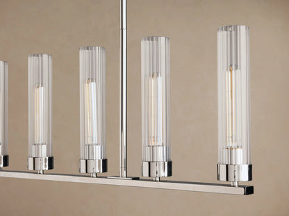 Andreas Linear Chandelier, 8-light, silver/chrome finish with clear glass cylindrical shades, suspended by chains against a neutral background.