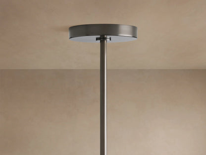 Top of Mandoza Chandelier with dark metallic round ceiling canopy and slender suspension rod against a beige ceiling.