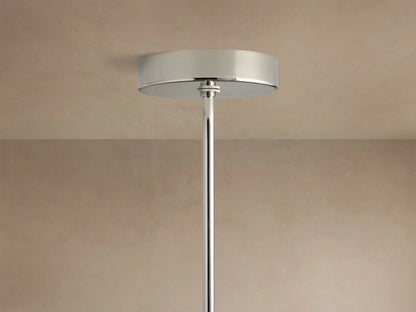 Mandoza Chandelier: Close-up of multiple lit, handcrafted clear glass globes with air bubbles on polished nickel hardware.
