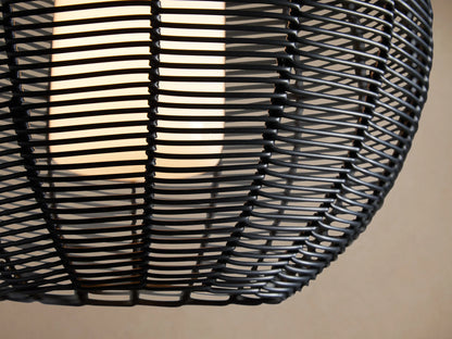 Cohen Globe Outdoor Pendant: Black woven wicker globe shade with a white inner glass diffuser, hanging from a black pole.