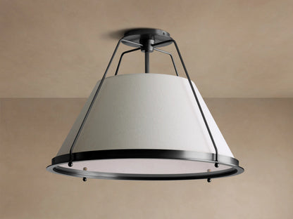 Shelton Flush Mount, an inverted conical cream linen shade with a dark bronze metal frame, mounted on a light ceiling.
