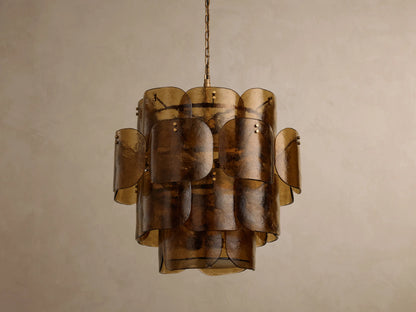 Blaire Round Chandelier with curved, pearlescent brown glass panels in overlapping layers, suspended from a brass-finished chain.