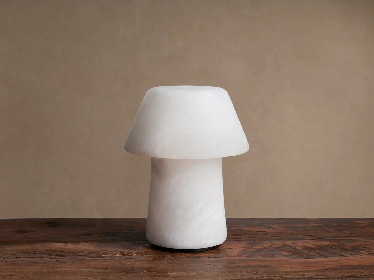 Daine Alabaster Outdoor Rechargeable Table Lamp, mushroom-shaped, glowing milky white, on rustic wood against brown wall.