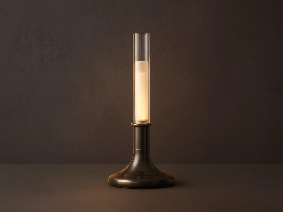 Luella Outdoor Rechargeable Lamp with brushed bronze finish, cylindrical glass top, glowing LED, on wooden table, grey background.