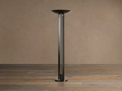 Romina Floor Lamp, bronze-finished steel, standing on wood. Modern torchiere design with upward-facing bowl shade & twin vertical shafts.