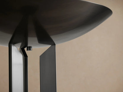 Romina Floor Lamp, bronze-finished steel, standing on wood. Modern torchiere design with upward-facing bowl shade & twin vertical shafts.