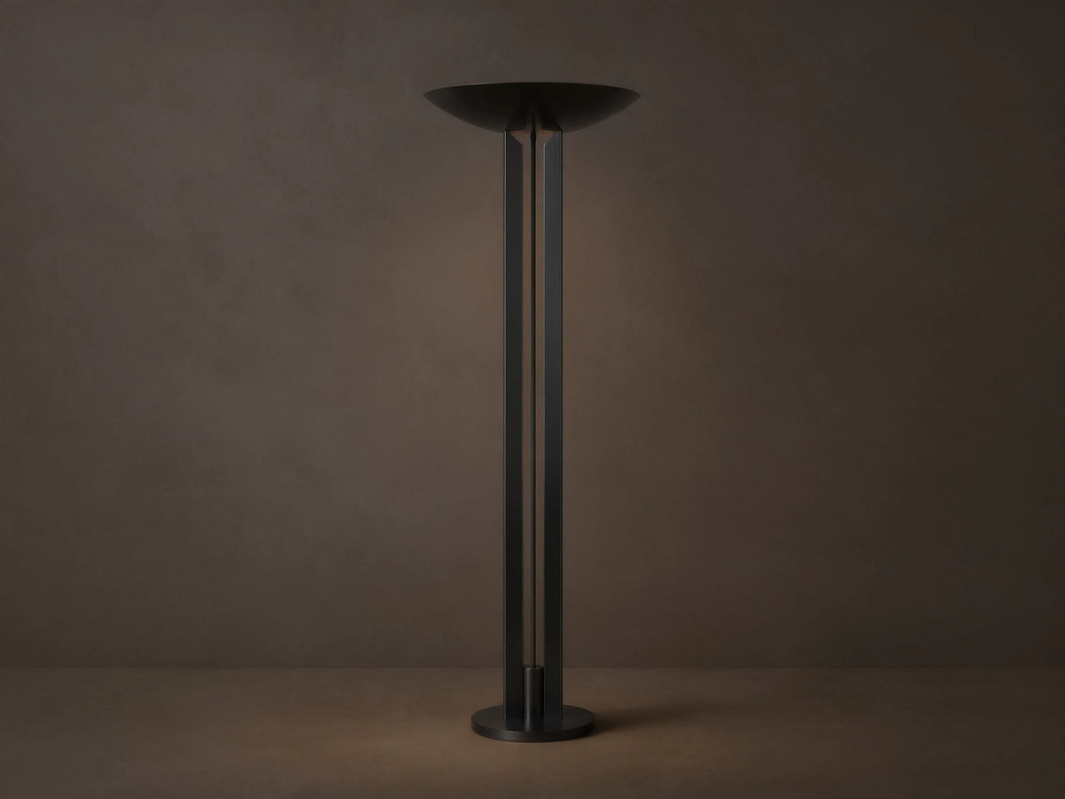Romina Floor Lamp, bronze-finished steel, standing on wood. Modern torchiere design with upward-facing bowl shade & twin vertical shafts.