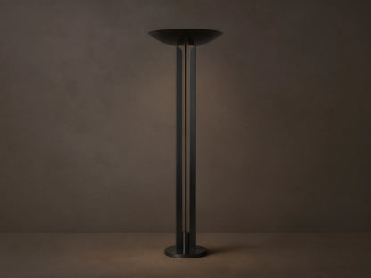 Romina Floor Lamp, bronze-finished steel, standing on wood. Modern torchiere design with upward-facing bowl shade & twin vertical shafts.