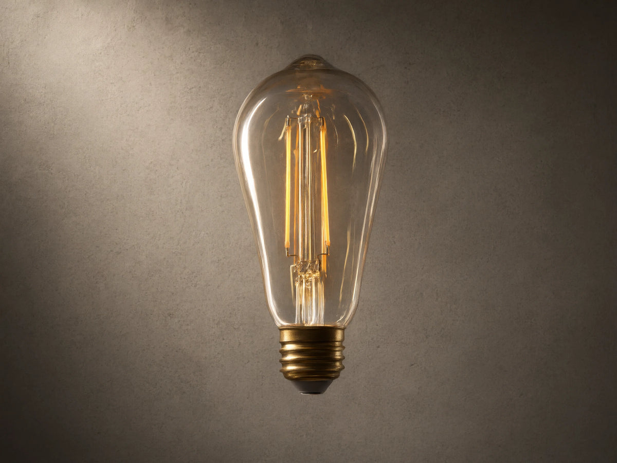 Amber glass LED ST19 bulb with E26 base, showing two-line filament glowing warmly. Black background accentuates bulb shape.