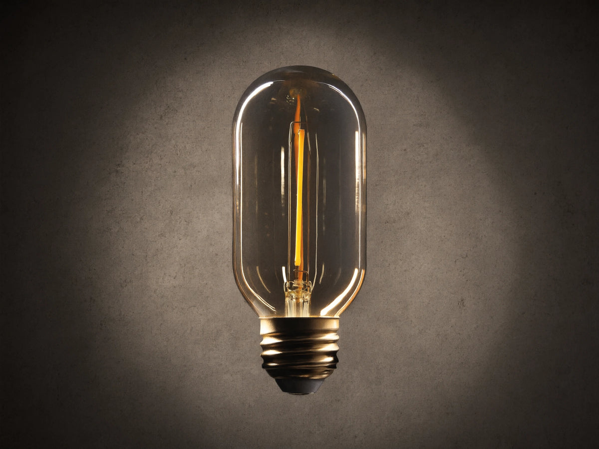 Amber glass LED T14 bulb with visible one-line filament. E26 base, dimmable. Emits warm glow, displayed against dark background.