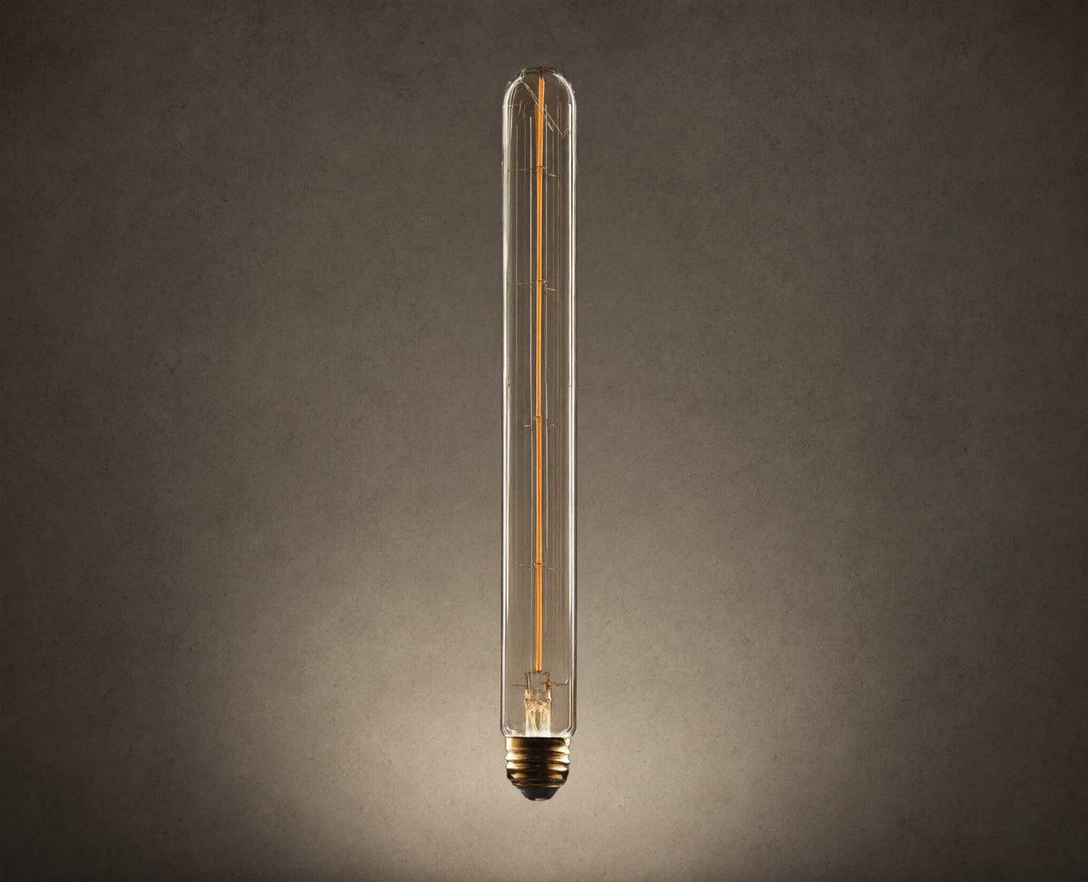 Amber glass LED T8 Filament E26 Bulb with one-line filament and dimmable feature, glowing warm, dark background.