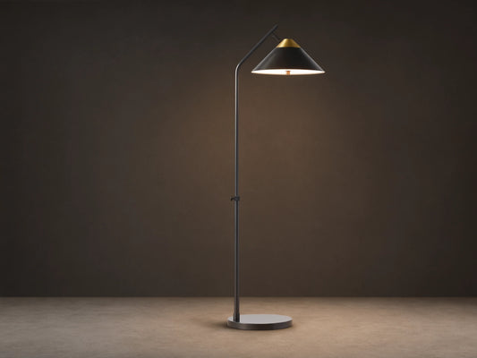 Marquee Bronze Task Floor Lamp. Dark bronze iron frame, conical shade with brass accent, adjustable pole, round base. Light on.