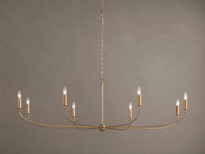 An Arnett Chandelier, an 8-light golden iron fixture with an antiqued leaf finish. Curved, elongated shape, suspended by chain.