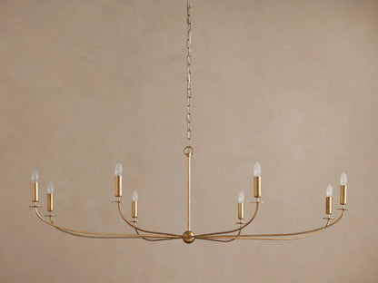 Arnett 8-light chandelier with an antiqued leaf finish, featuring clear candle-style bulbs on a horizontal frame, suspended by a chain.