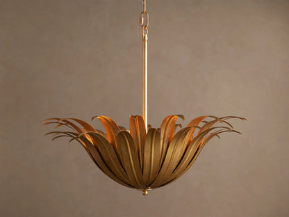 Matilde Pendant: antique-gold iron fixture with curved, overlapping petals forming a flower-like bowl, hanging from a chain.