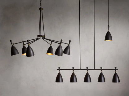 Jacarra Linear Chandelier ceiling mount with old bronze finish, two vertical steel poles, and a matte white background.