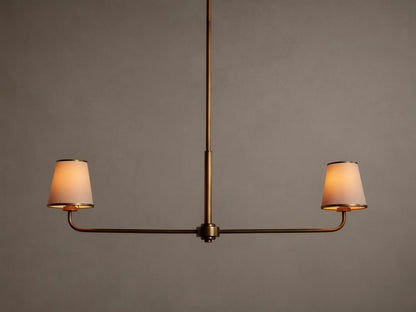 Adria 2-Light Chandelier: Bronze-finished frame with two glowing, tapered off-white fabric shades on a horizontal bar.