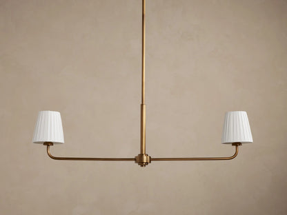 Adria 2-Light Chandelier with brass-toned frame, central rod, and two pleated off-white shades illuminated against a brown wall.