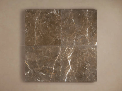 Monviso Floor Lamp base close-up: espresso brown stone with white veins, walnut wood post, bronze sleeve, black cord.